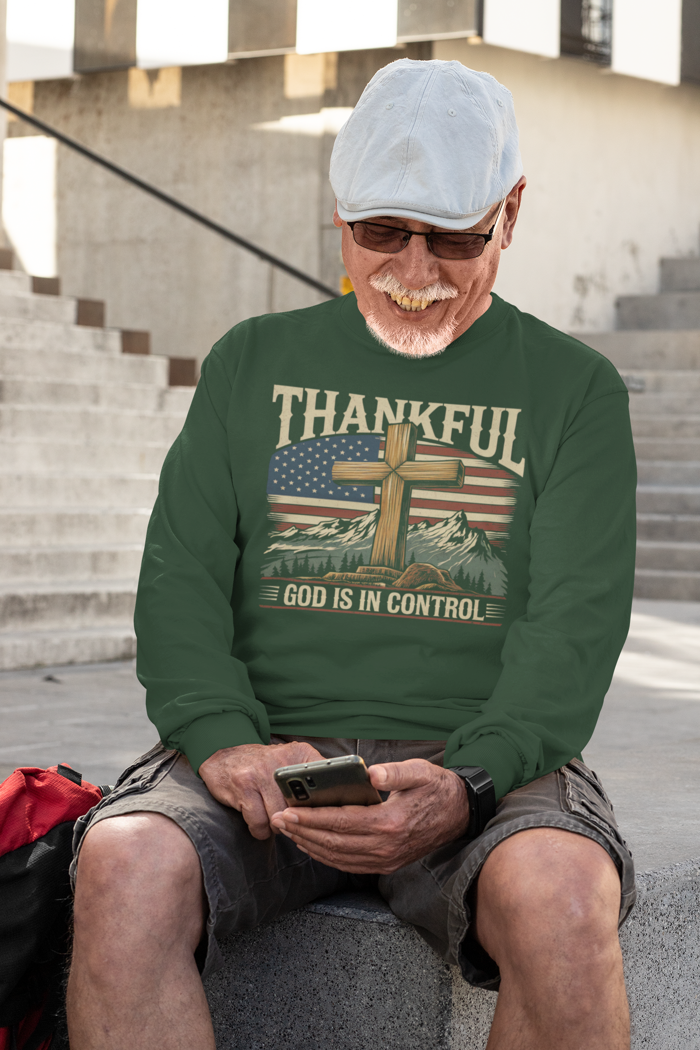 . GOD IS IN CONTROL Heavy Weight Patriotic Christian Long Sleeve T-Shirt (S-2XL): Men's Gildan 2400 - FREE SHIPPING