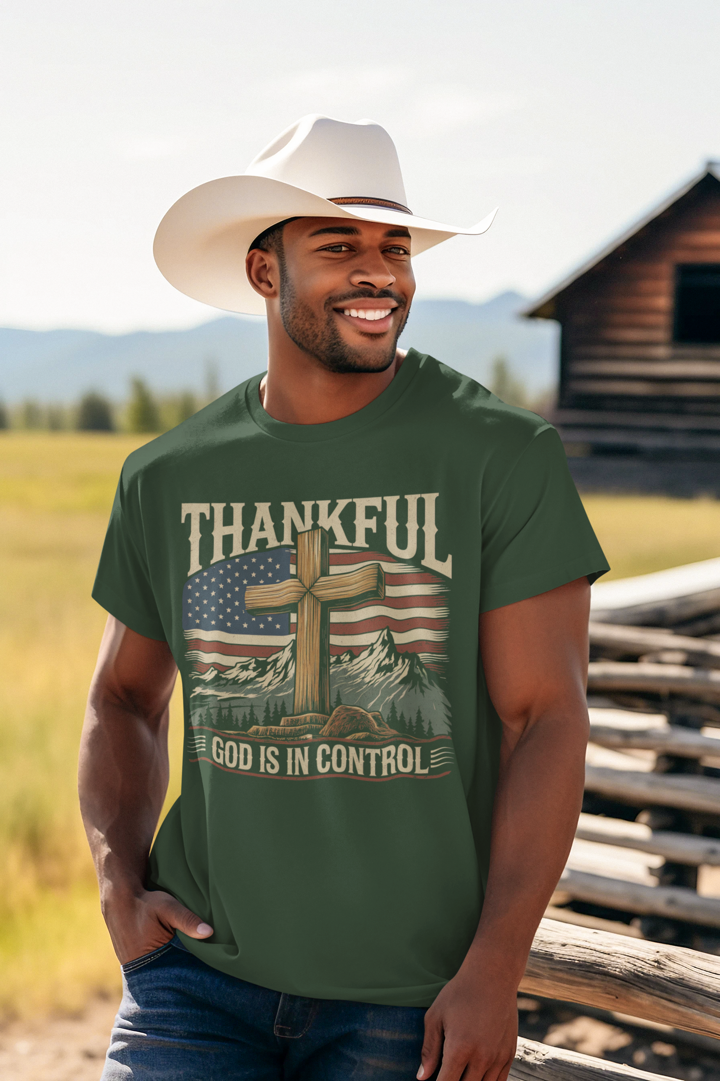 GOD IS IN CONTROL Patriotic Christian T-Shirt (S-5XL): Men's Medium Weight Gildan 5000 - FREE SHIPPING