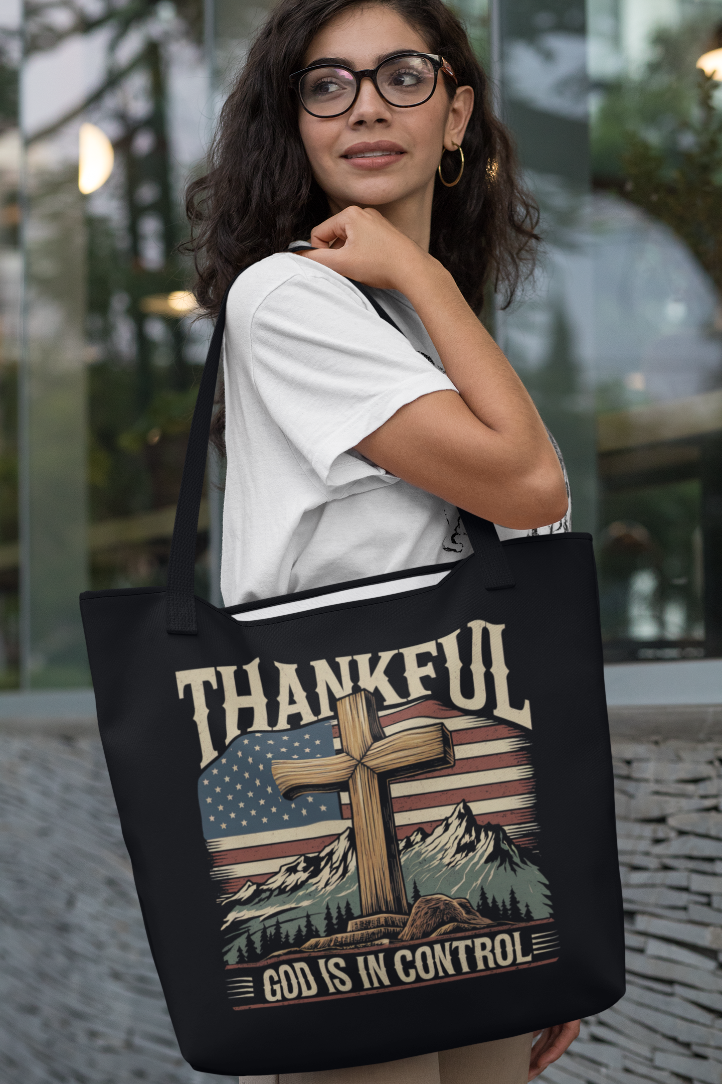 GOD IS IN CONTROL Patriotic Christian Patriotic 100% Polyester Tote Bag (3 sizes) - FREE SHIPPING
