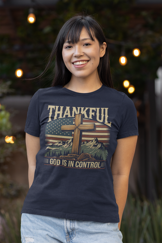 GOD IS IN CONTROL Fitted Patriotic Christian T-Shirt (S-2XL): Women's Bella+Canvas 6004 - FREE SHIPPING