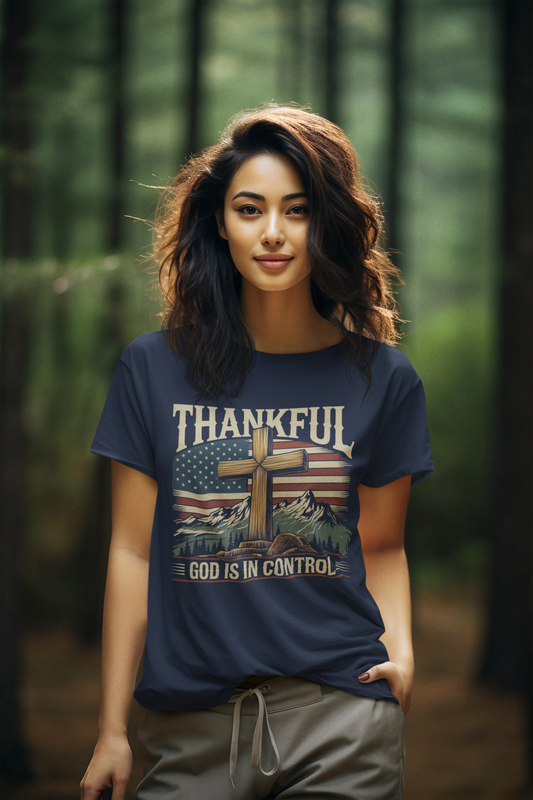 GOD IS IN CONTROL Semi-Fitted Patriotic Christian T-Shirt (S-3XL): Women's Gildan 5000L - FREE SHIPPING