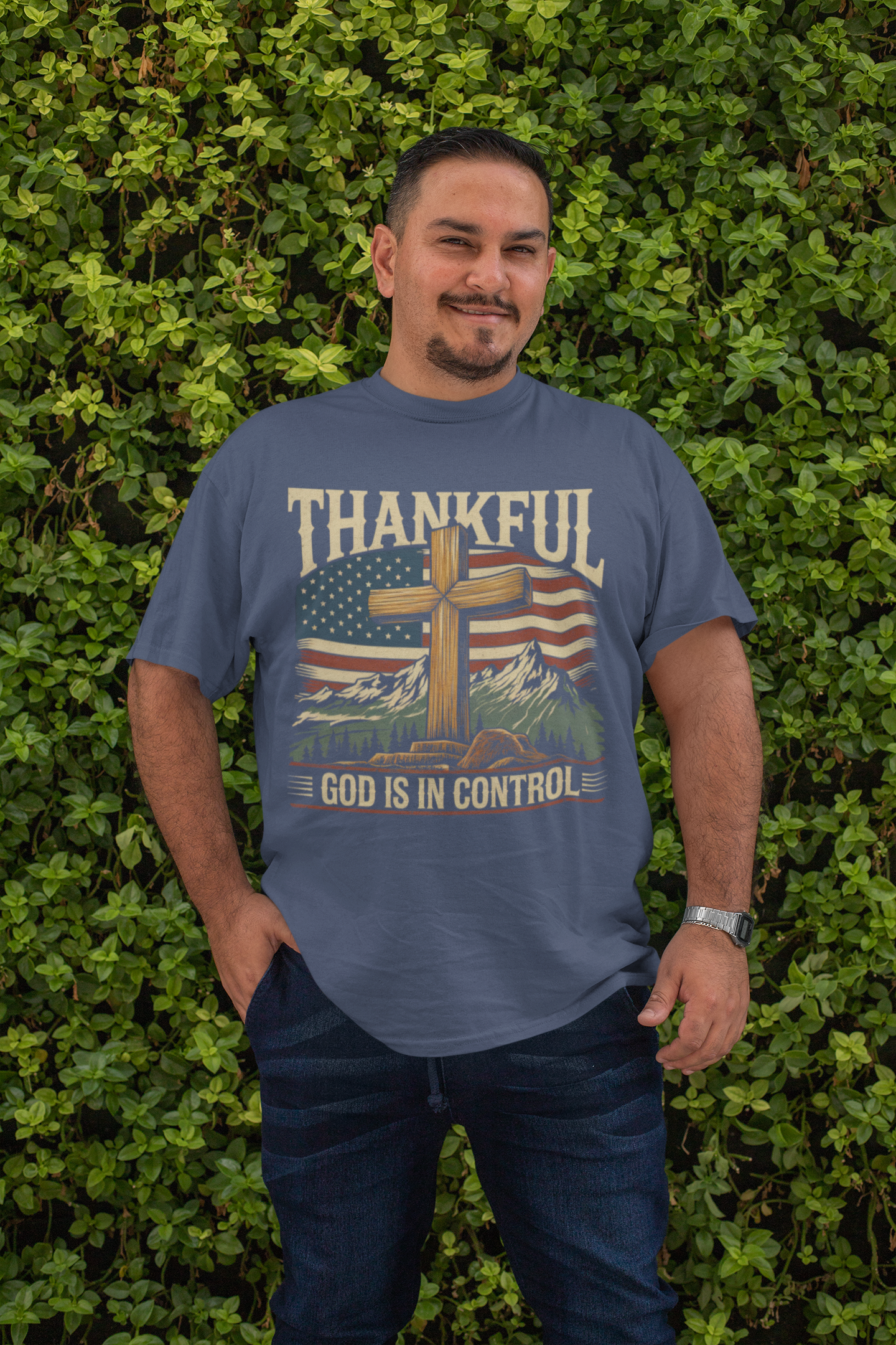 . GOD IS IN CONTROL Plus Size Heavy Weight Patriotic Christian T-Shirt (S-5XL): Men's Hanes Beefy-T® - FREE SHIPPING