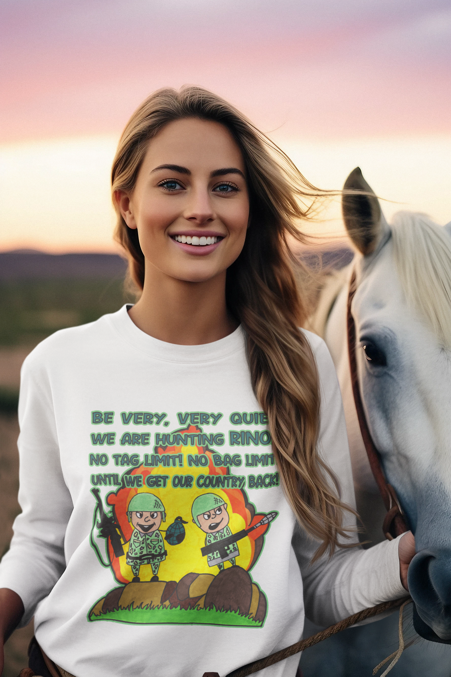 HUNTING RINOs Heavy Weight Patriotic Military Long Sleeve T-Shirt (S-2XL): Women's Gildan 2400 - FREE SHIPPING