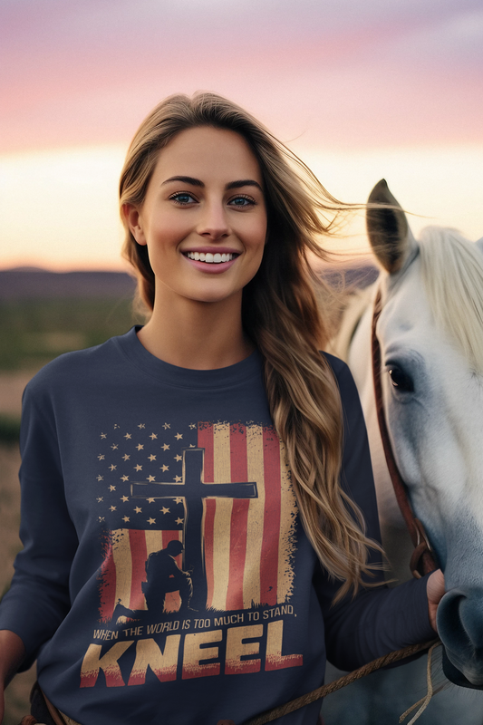 JUST KNEEL Heavy Weight Patriotic Christian Long Sleeve T-Shirt (S-2XL): Women's Gildan 2400 - FREE SHIPPING