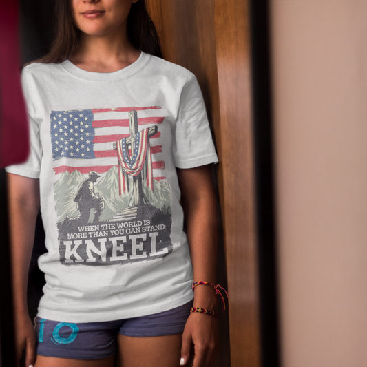 JUST KNEEL Classic Patriotic Christian T-Shirt (S-5XL): Women's Medium Weight Gildan 5000 - FREE SHIPPING