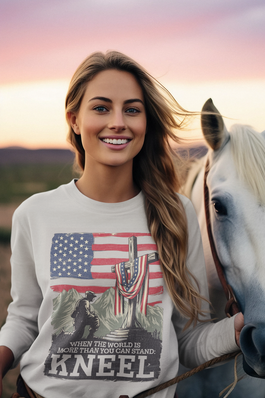 JUST KNEEL Heavy Weight Patriotic Christian Long Sleeve T-Shirt (S-2XL): Women's Gildan 2400 - FREE SHIPPING