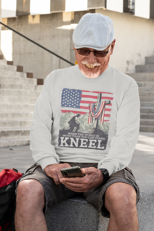 . JUST KNEEL Heavy Weight Patriotic Christian Long Sleeve T-Shirt (S-2XL): Men's Gildan 2400 - FREE SHIPPING