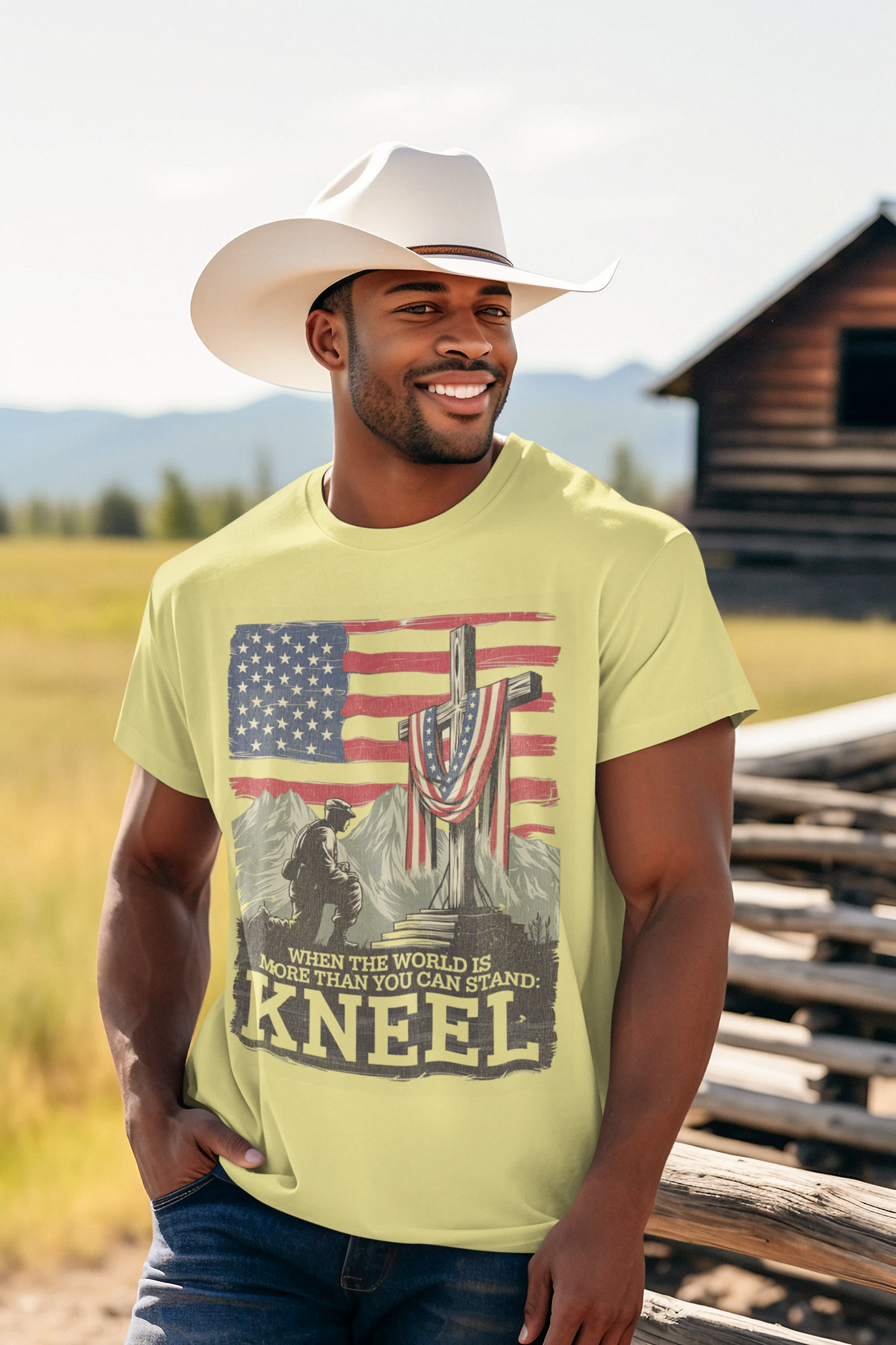 JUST KNEEL Patriotic Christian T-Shirt (S-5XL): Men's Medium Weight Gildan 5000 - FREE SHIPPING