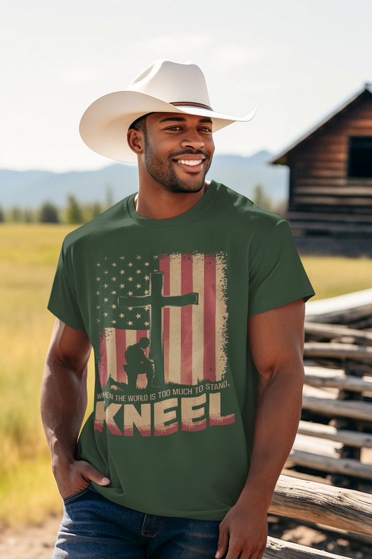JUST KNEEL Patriotic Christian T-Shirt (S-5XL): Men's Medium Weight Gildan 5000 - FREE SHIPPING