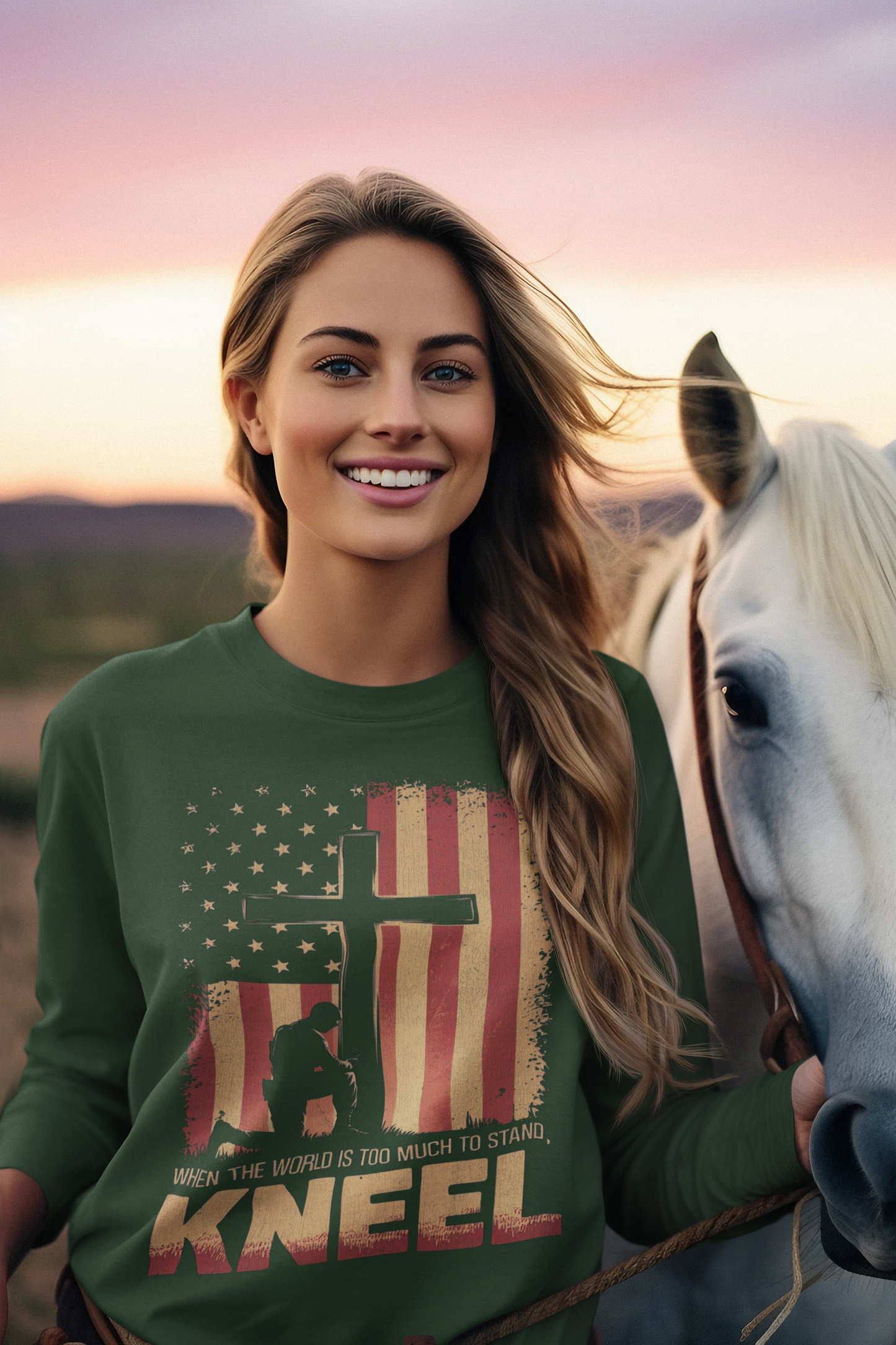 JUST KNEEL Heavy Weight Patriotic Christian Long Sleeve T-Shirt (S-2XL): Women's Gildan 2400 - FREE SHIPPING