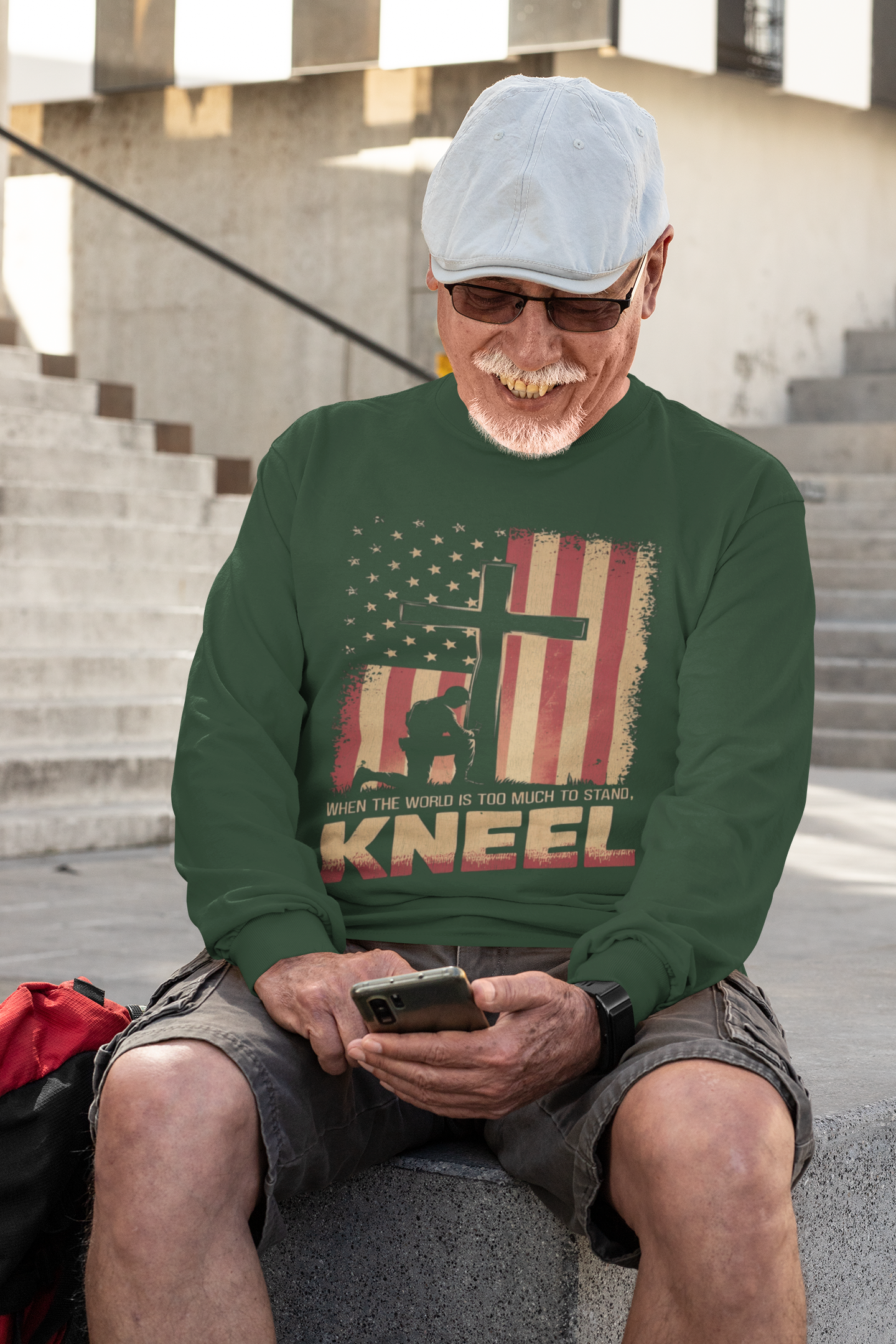 . JUST KNEEL Heavy Weight Patriotic Christian Long Sleeve T-Shirt (S-2XL): Men's Gildan 2400 - FREE SHIPPING