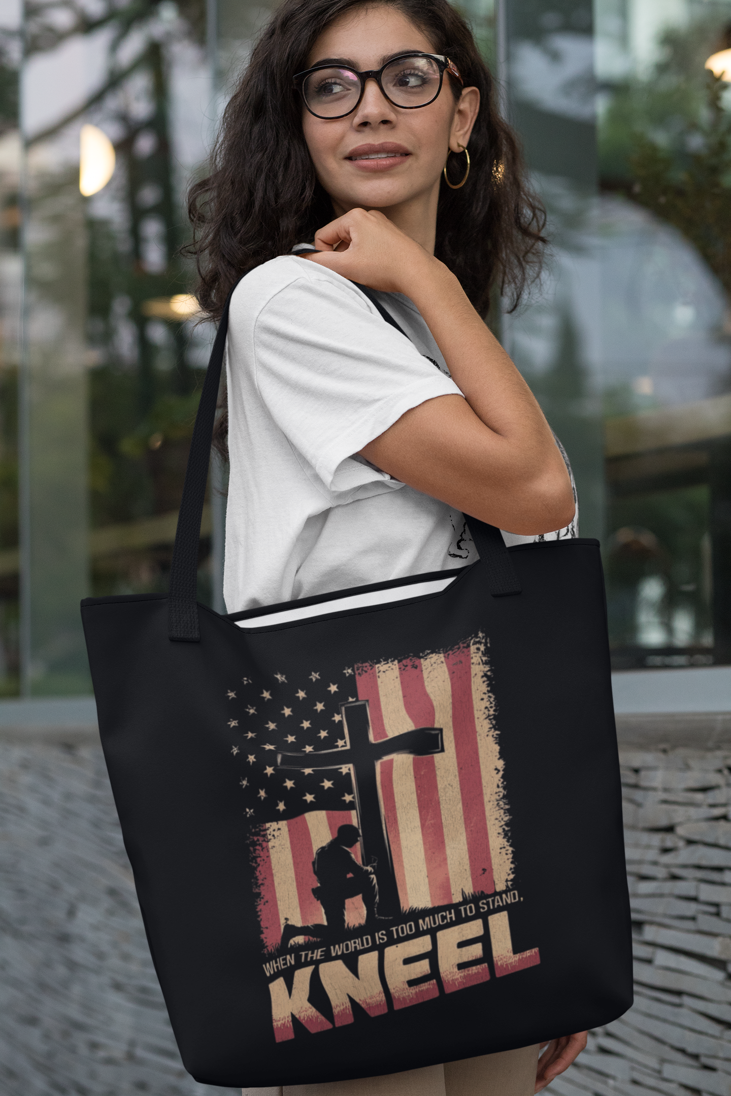 JUST KNEEL Patriotic Christian 100% Polyester Tote Bag (3 sizes) - FREE SHIPPING