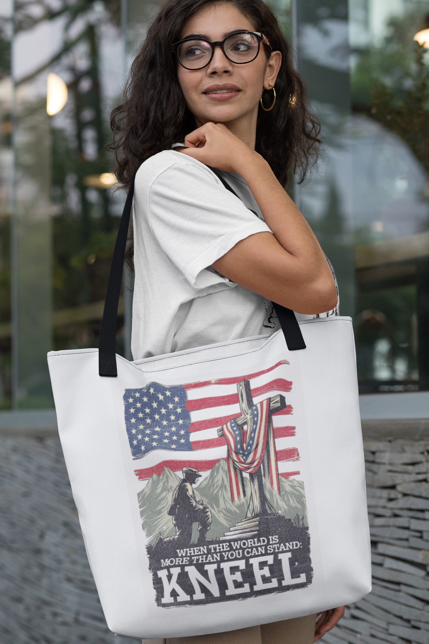 JUST KNEEL Patriotic Christian 100% Polyester Tote Bag (3 sizes) - FREE SHIPPING