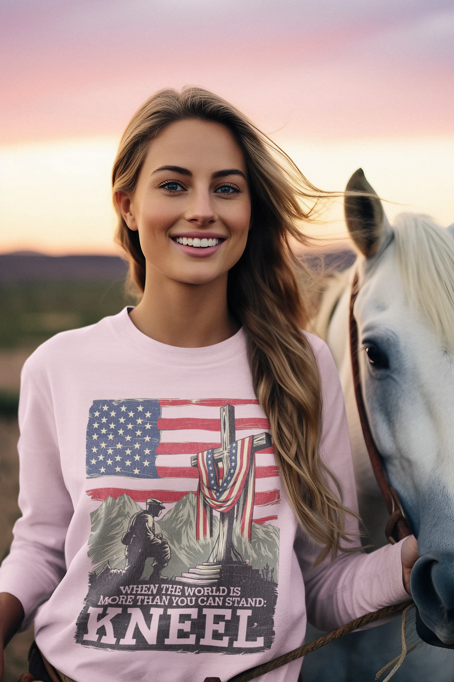 JUST KNEEL Heavy Weight Patriotic Christian Long Sleeve T-Shirt (S-2XL): Women's Gildan 2400 - FREE SHIPPING