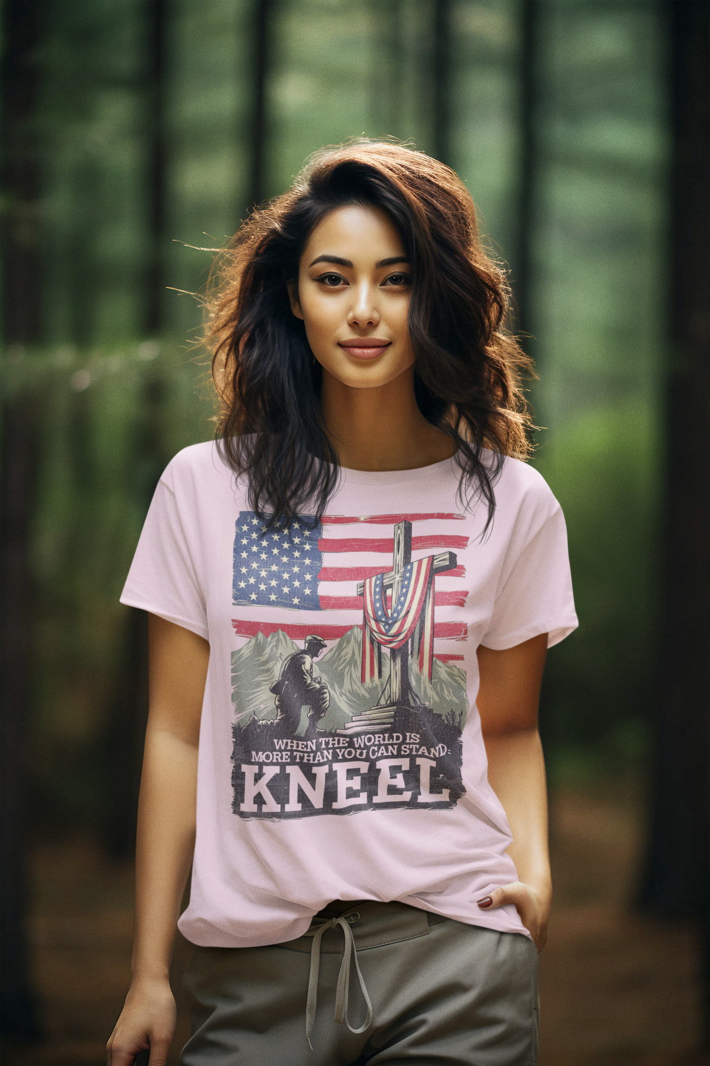 JUST KNEEL Semi-Fitted Patriotic Christian T-Shirt (S-3XL): Women's Gildan 5000L - FREE SHIPPING