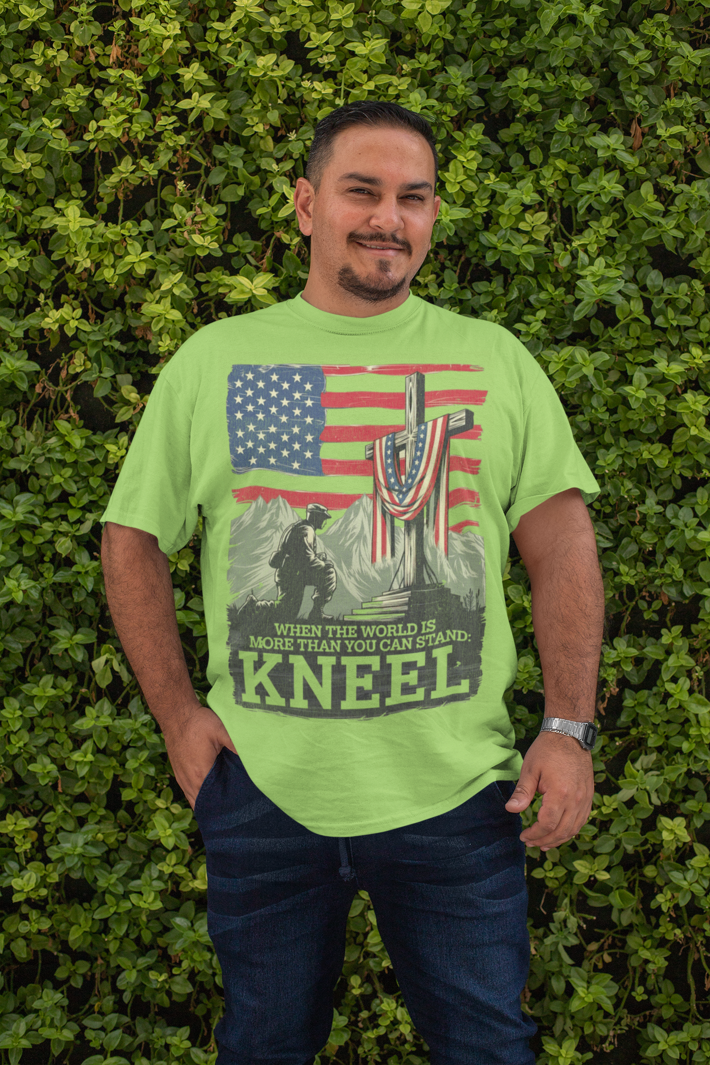 . JUST KNEEL Plus Size Heavy Weight Patriotic Christian T-Shirt (S-5XL): Men's Hanes Beefy-T® - FREE SHIPPING