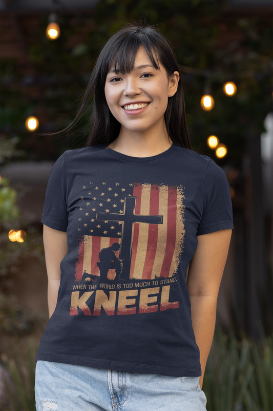 JUST KNEEL Fitted Patriotic Christian T-Shirt (S-2XL): Women's Bella+Canvas 6004 - FREE SHIPPING