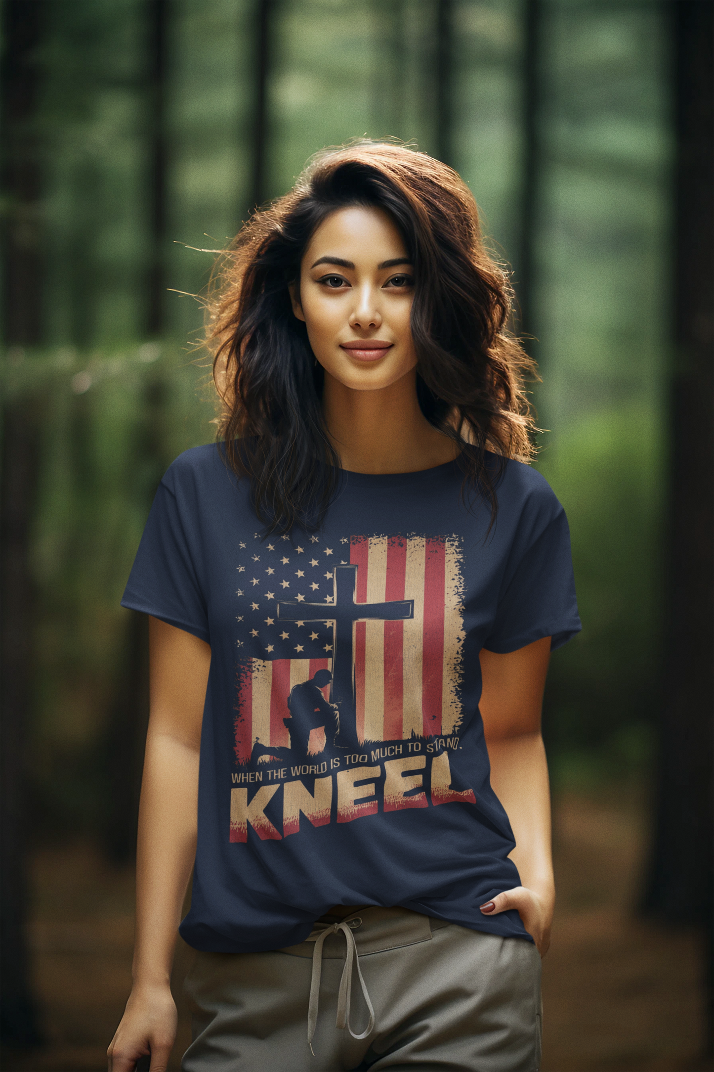 JUST KNEEL Semi-Fitted Patriotic Christian T-Shirt (S-3XL): Women's Gildan 5000L - FREE SHIPPING