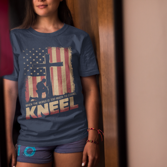 JUST KNEEL Classic Patriotic Christian T-Shirt (S-5XL): Women's Medium Weight Gildan 5000 - FREE SHIPPING
