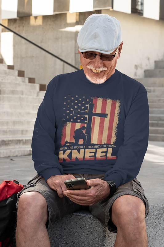 . JUST KNEEL Heavy Weight Patriotic Christian Long Sleeve T-Shirt (S-2XL): Men's Gildan 2400 - FREE SHIPPING