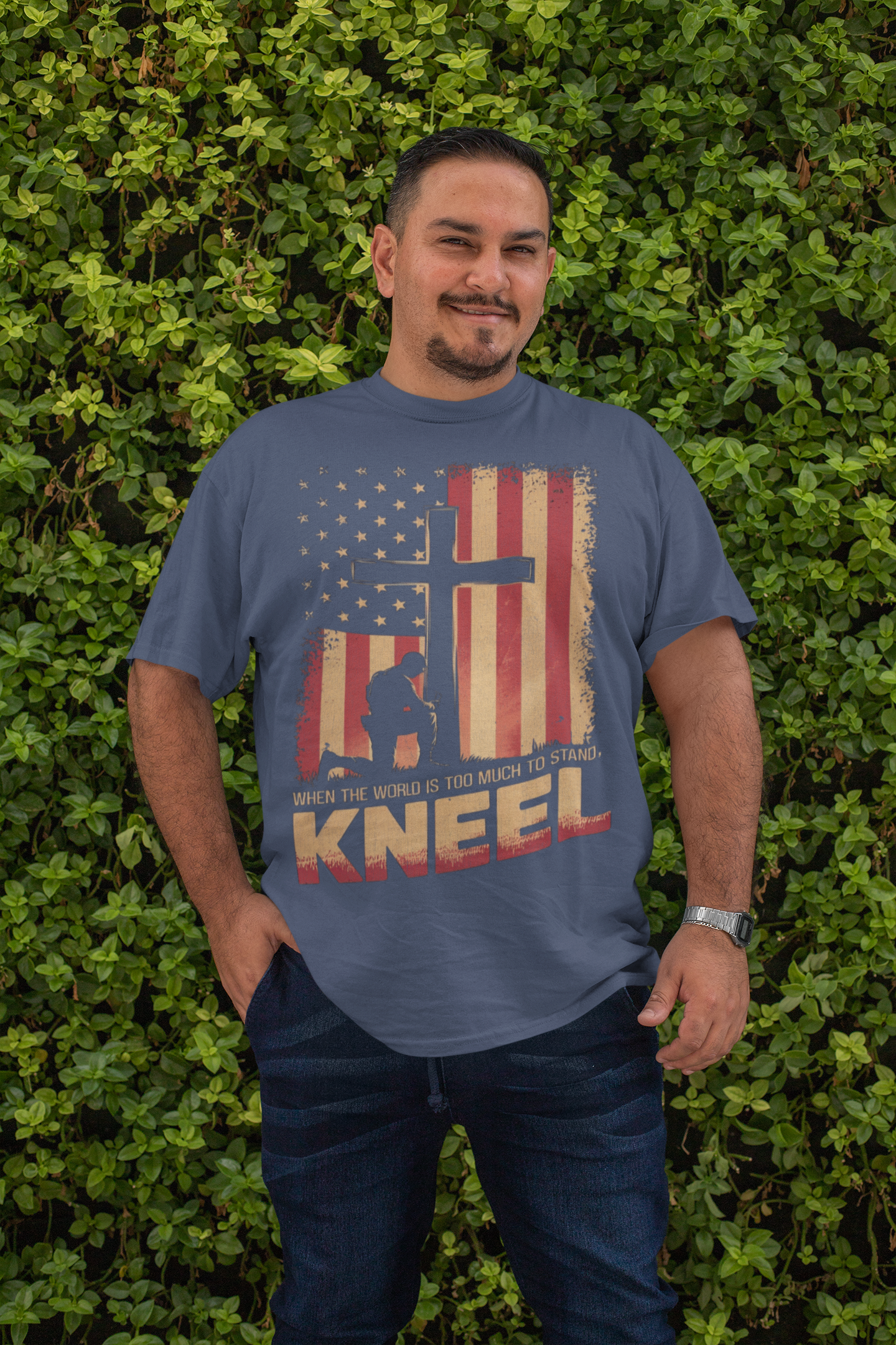 . JUST KNEEL Plus Size Heavy Weight Patriotic Christian T-Shirt (S-5XL): Men's Hanes Beefy-T® - FREE SHIPPING