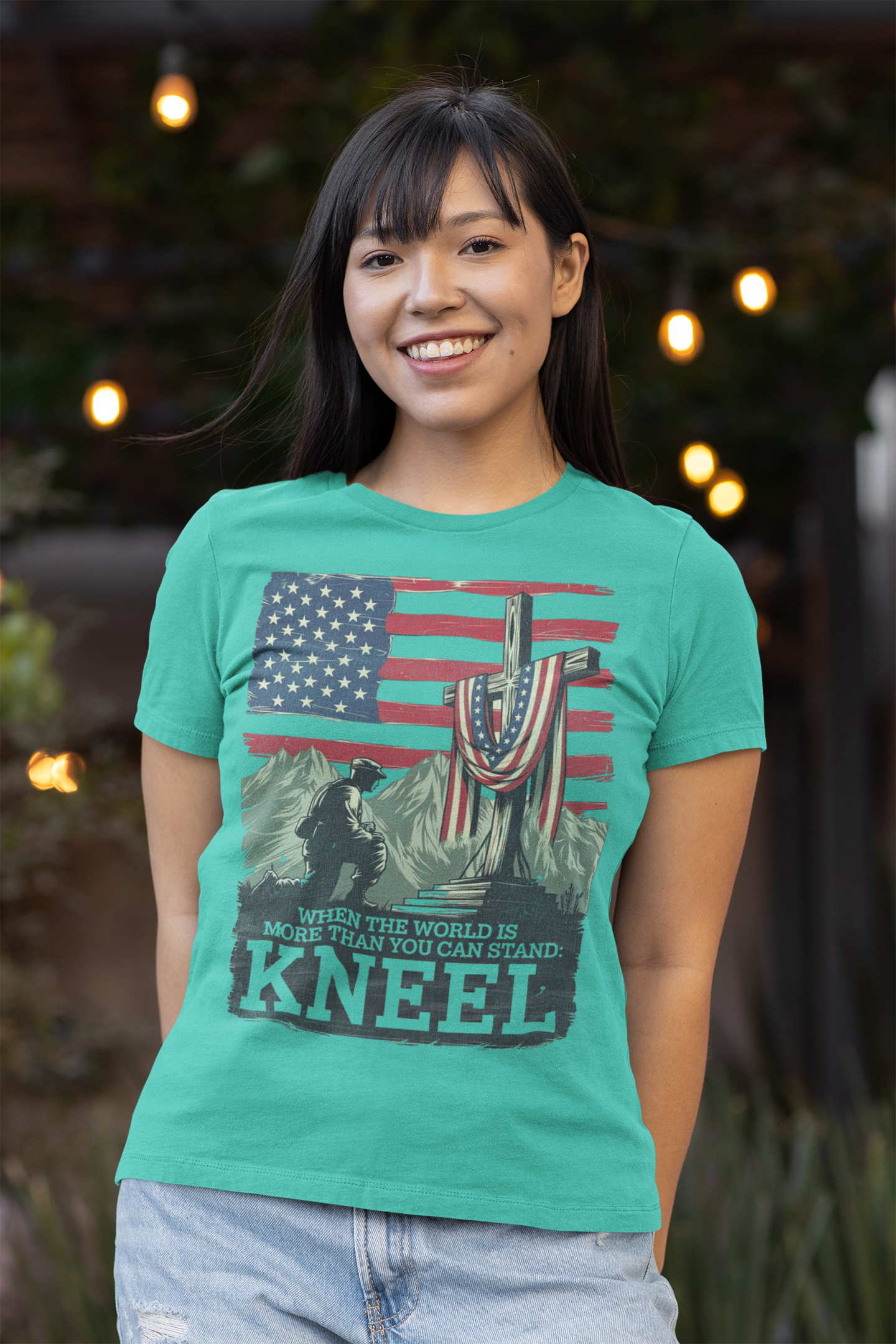 JUST KNEEL Fitted Patriotic Christian T-Shirt (S-2XL): Women's Bella+Canvas 6004 - FREE SHIPPING