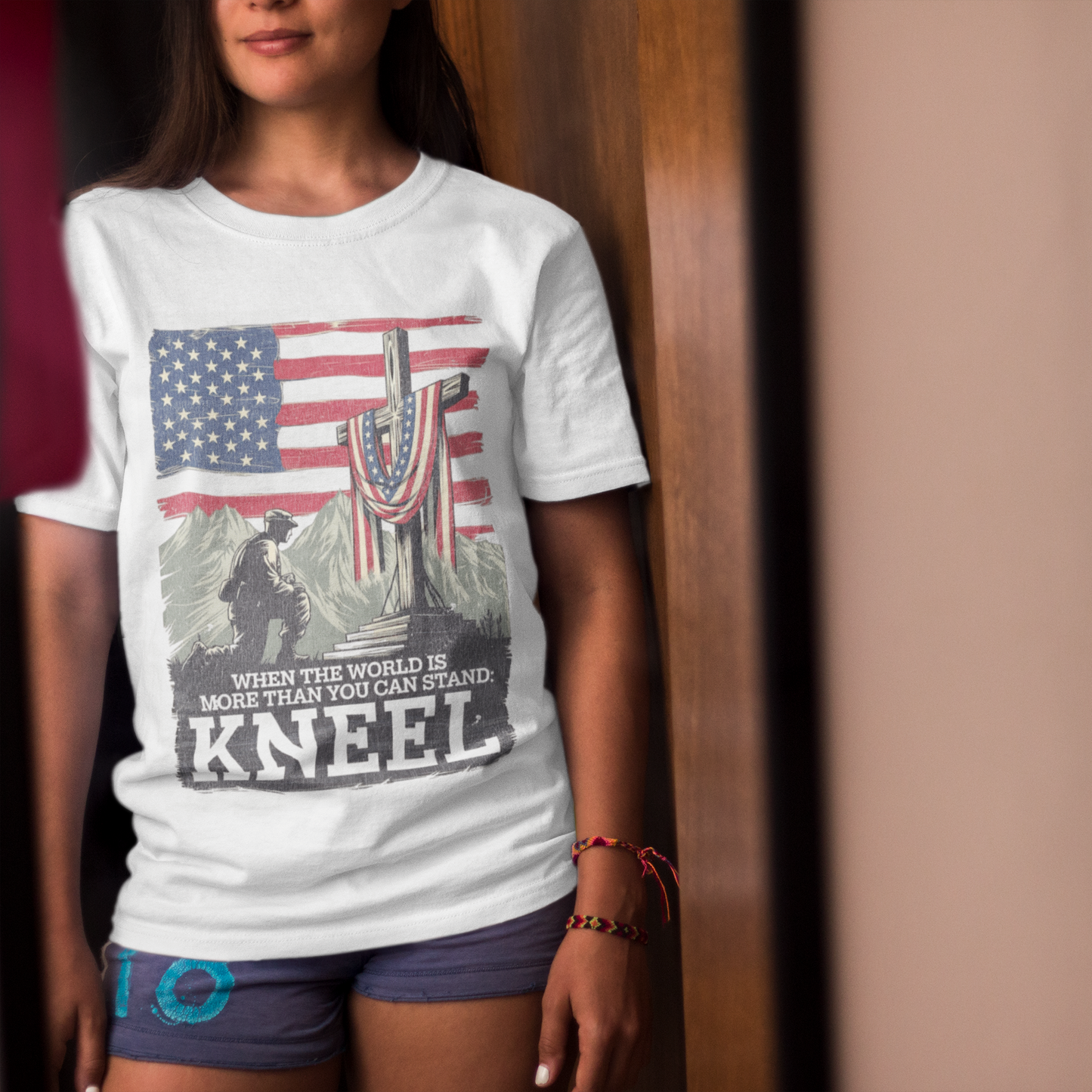 JUST KNEEL Classic Patriotic Christian T-Shirt (S-5XL): Women's Medium Weight Gildan 5000 - FREE SHIPPING