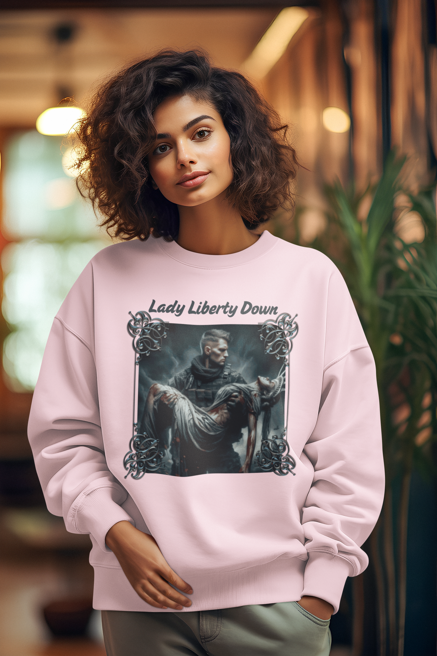 LADY LIBERTY DOWN Heavy Weight Patriotic Military Sweatshirt (S-5XL): Women's Gildan 18000 - FREE SHIPPING