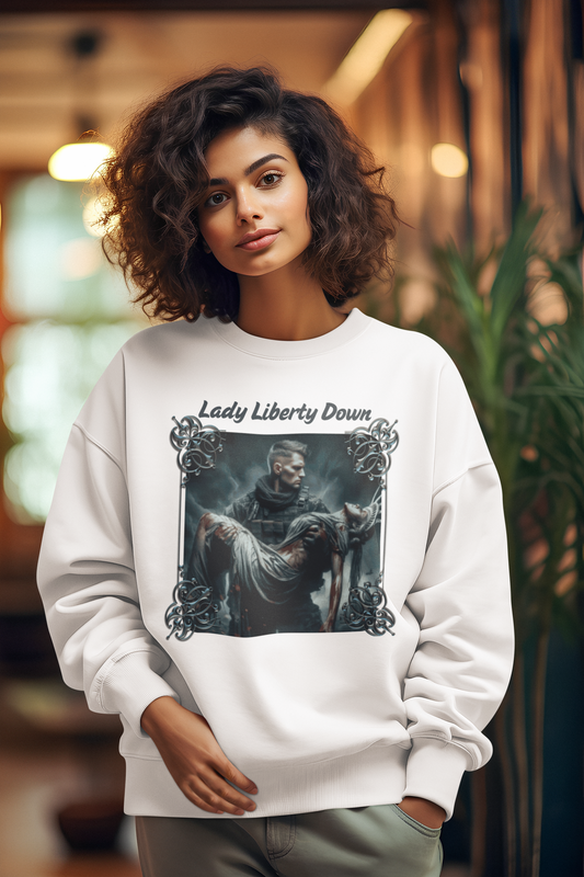 LADY LIBERTY DOWN Heavy Weight Patriotic Military Sweatshirt (S-5XL): Women's Gildan 18000 - FREE SHIPPING