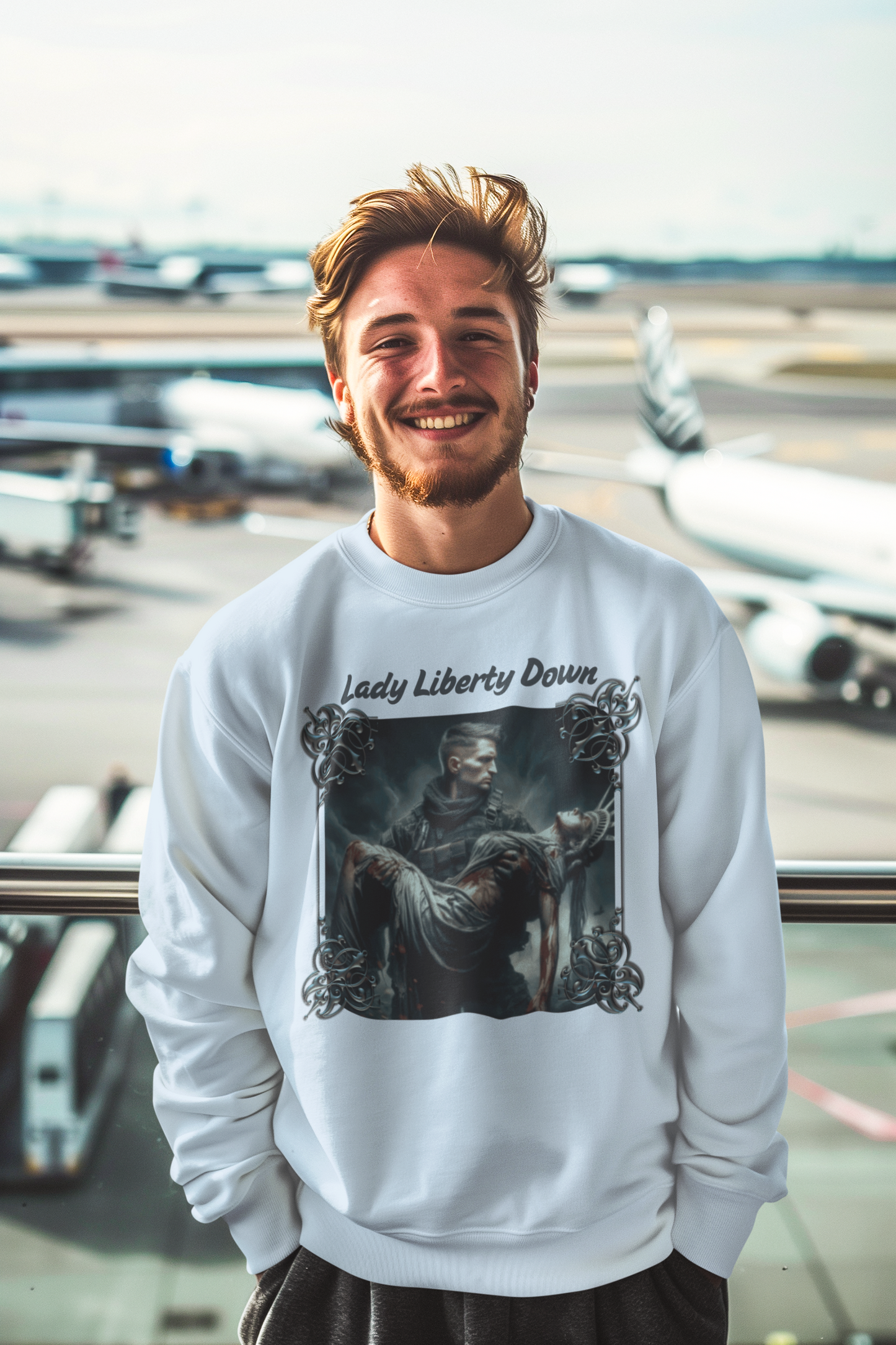LADY LIBERTY DOWN Heavy Weight Patriotic Military Sweatshirt (S-5XL): Men's Gildan 18000 - FREE SHIPPING