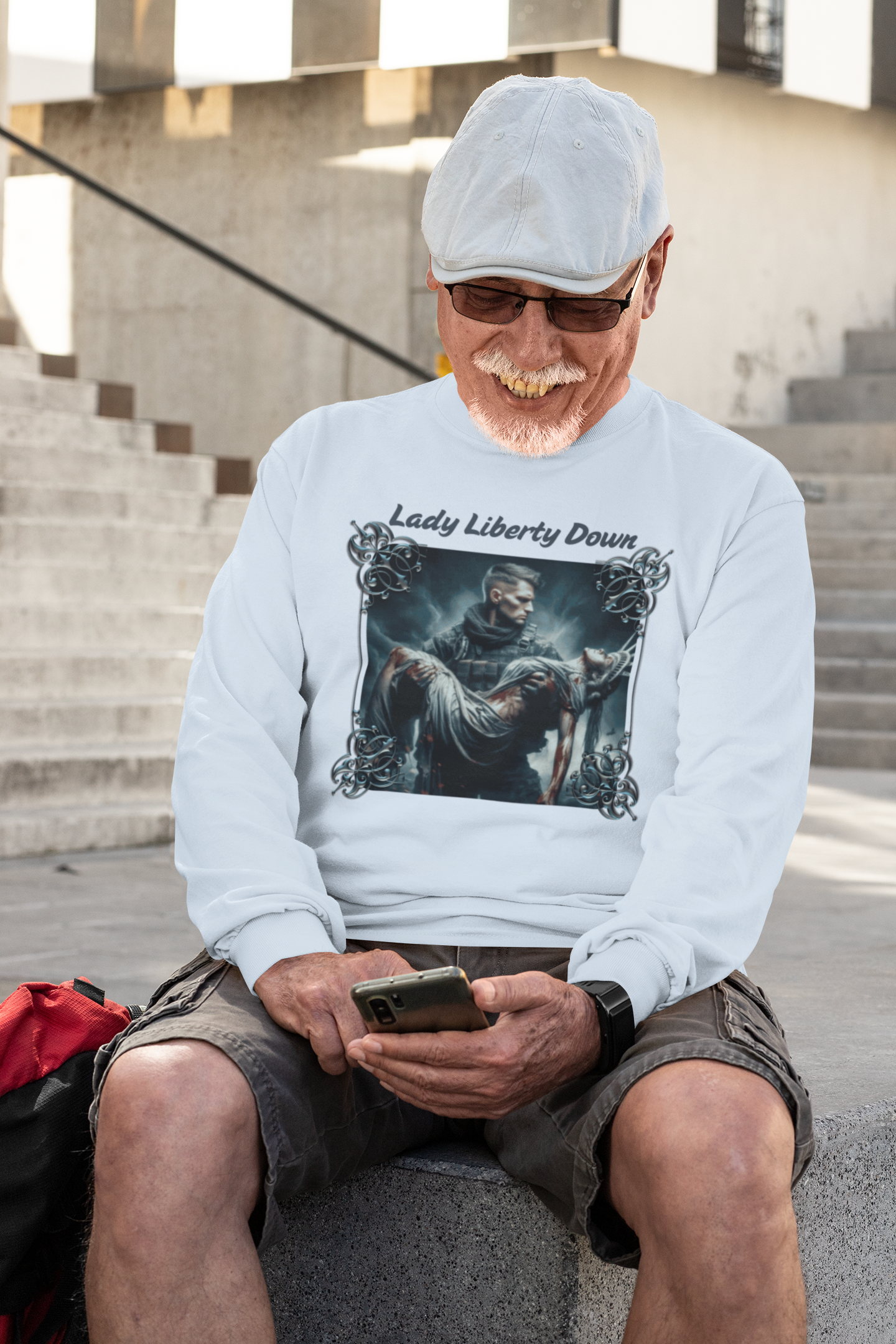 . LADY LIBERTY DOWN Heavy Weight Patriotic Military Long Sleeve T-Shirt (S-2XL): Men's Gildan 2400 - FREE SHIPPING