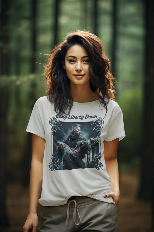 LADY LIBERTY DOWN Semi-Fitted Patriotic Military T-Shirt (S-3XL): Women's Gildan 5000L - FREE SHIPPING