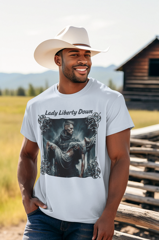 LADY LIBERTY DOWN Patriotic Military T-Shirt (S-5XL): Men's Medium Weight Gildan 5000 - FREE SHIPPING