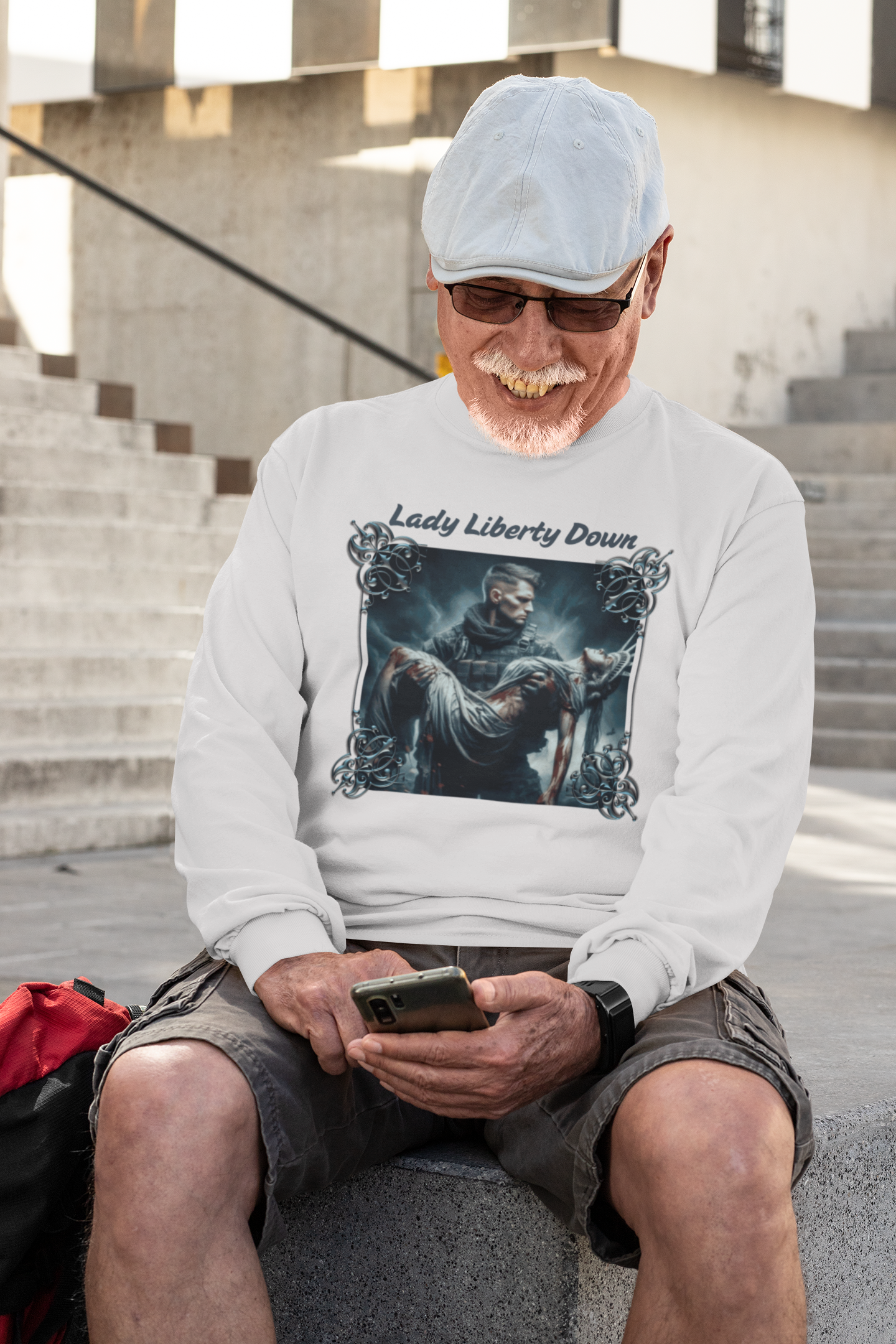 . LADY LIBERTY DOWN Heavy Weight Patriotic Military Long Sleeve T-Shirt (S-2XL): Men's Gildan 2400 - FREE SHIPPING