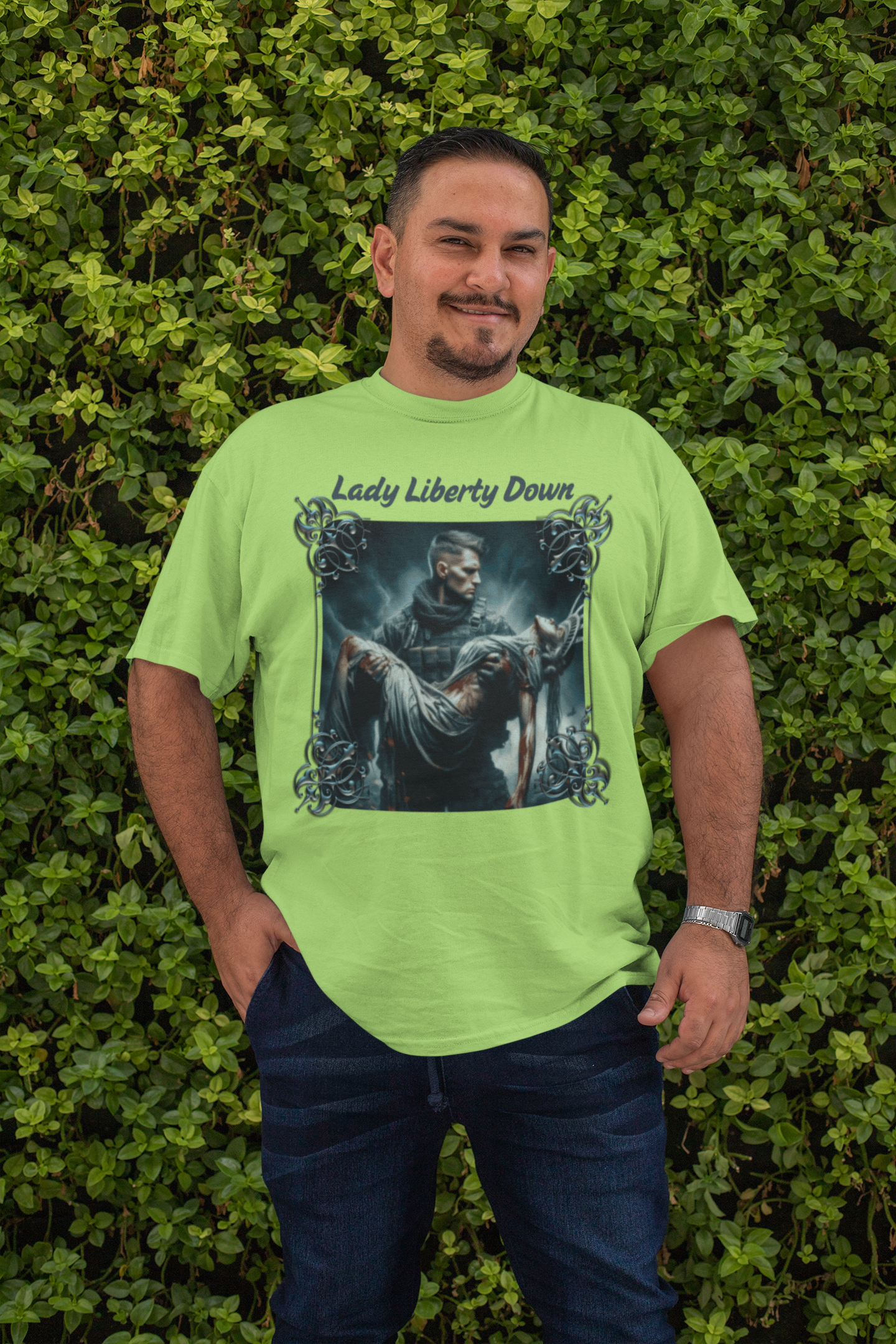 . LADY LIBERTY DOWN Plus Size Heavy Weight Patriotic Military T-Shirt (S-5XL): Men's Hanes Beefy-T® - FREE SHIPPING