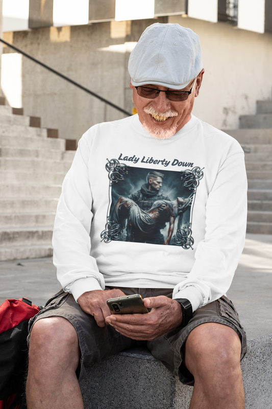 . LADY LIBERTY DOWN Heavy Weight Patriotic Military Long Sleeve T-Shirt (S-2XL): Men's Gildan 2400 - FREE SHIPPING