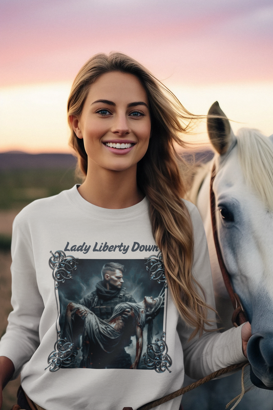 LADY LIBERTY DOWN Heavy Weight Patriotic Military Long Sleeve T-Shirt (S-2XL): Women's Gildan 2400 - FREE SHIPPING