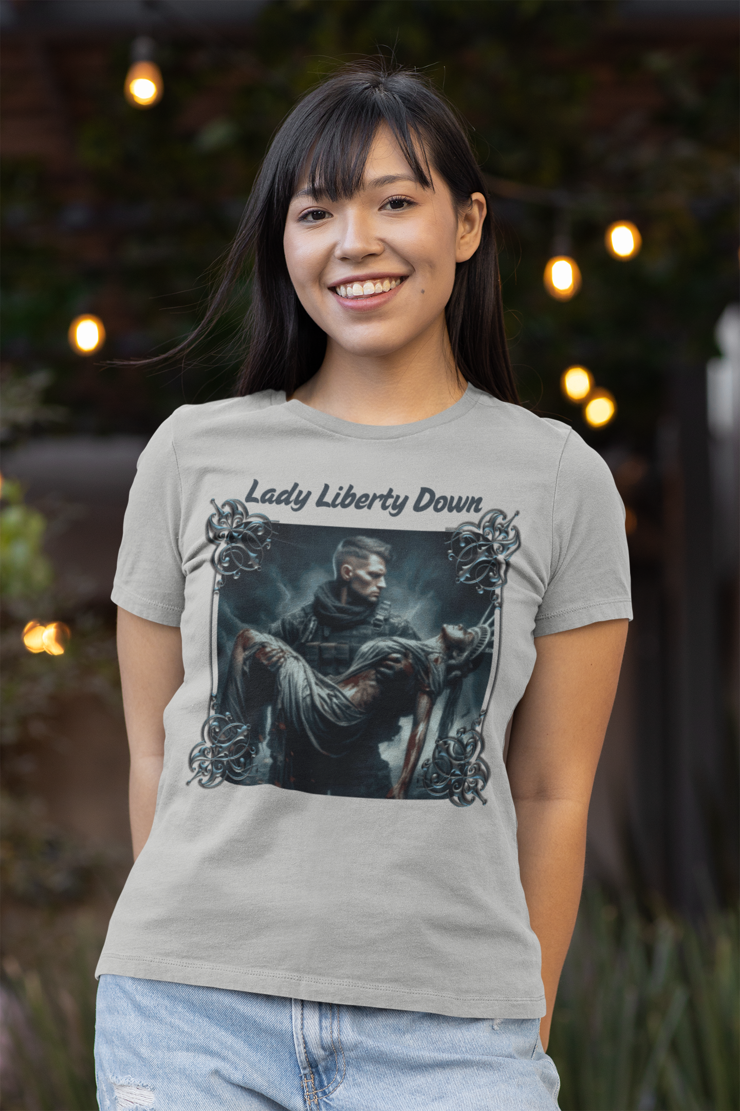 LADY LIBERTY DOWN Fitted Patriotic Military T-Shirt (S-2XL): Women's Bella+Canvas 6004 - FREE SHIPPING