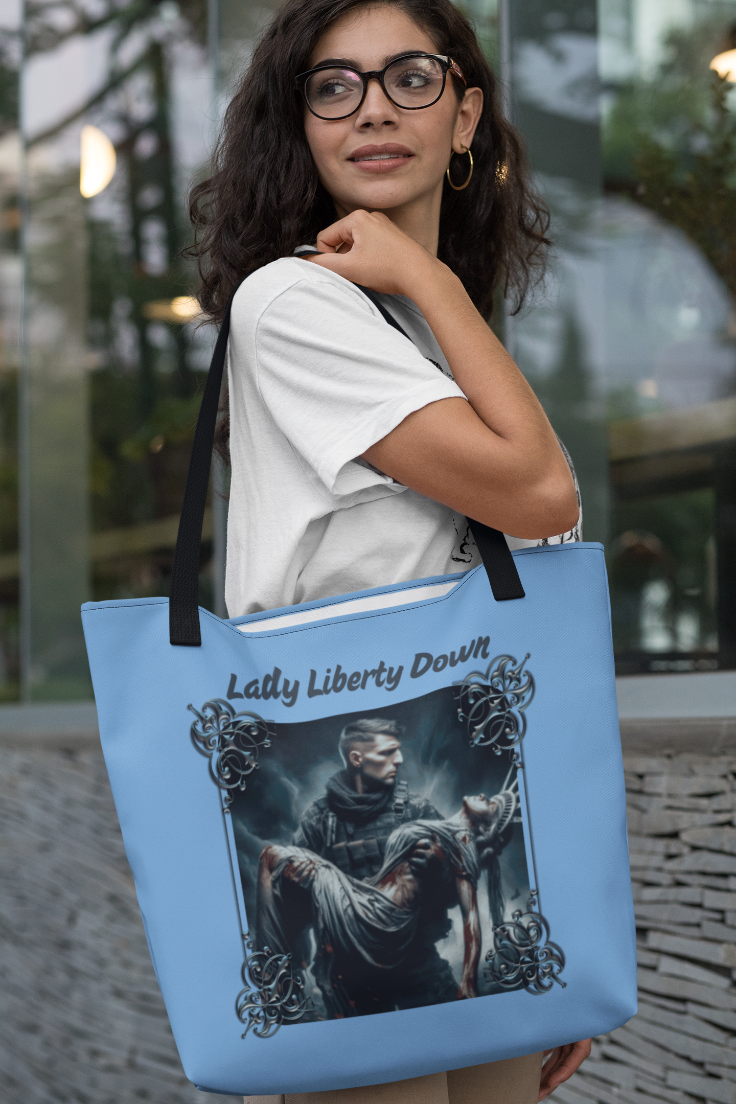 LADY LIBERTY DOWN Patriotic Christian 100% Polyester Tote Bag (3 sizes) - FREE SHIPPING