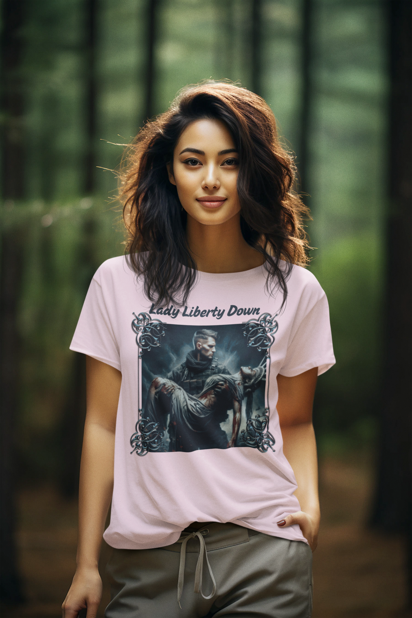 LADY LIBERTY DOWN Semi-Fitted Patriotic Military T-Shirt (S-3XL): Women's Gildan 5000L - FREE SHIPPING