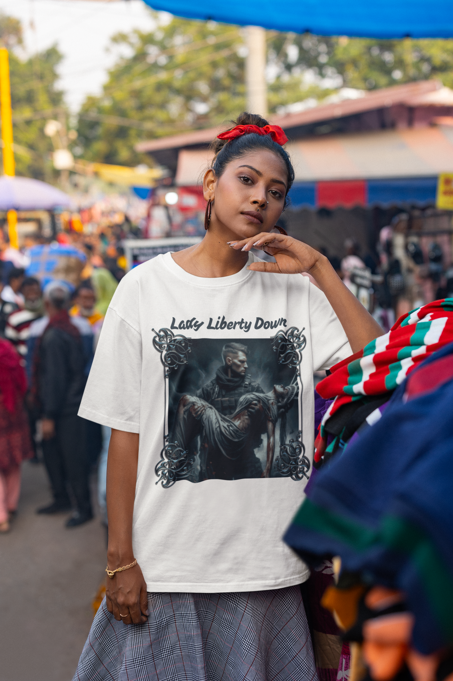 . LADY LIBERTY DOWN Plus Size Heavy Weight Patriotic Military T-Shirt (S-5XL): Women's Plus Size Hanes Beefy-T® - FREE SHIPPING