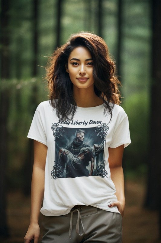 LADY LIBERTY DOWN Semi-Fitted Patriotic Military T-Shirt (S-3XL): Women's Gildan 5000L - FREE SHIPPING