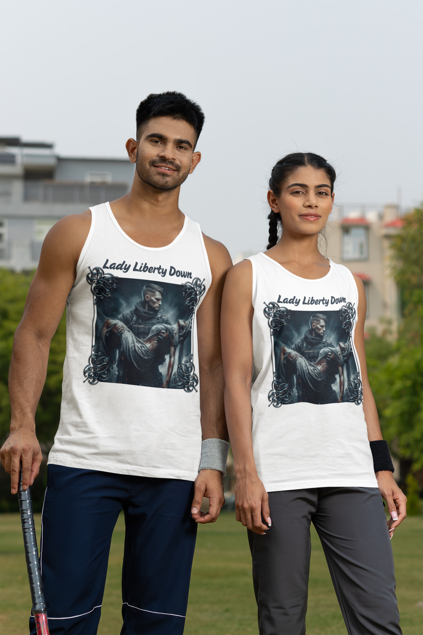 LADY LIBERTY DOWN Medium Weight Patriotic Military Tank Top (S-2XL): Men's & Women's 5200 - FREE SHIPPING