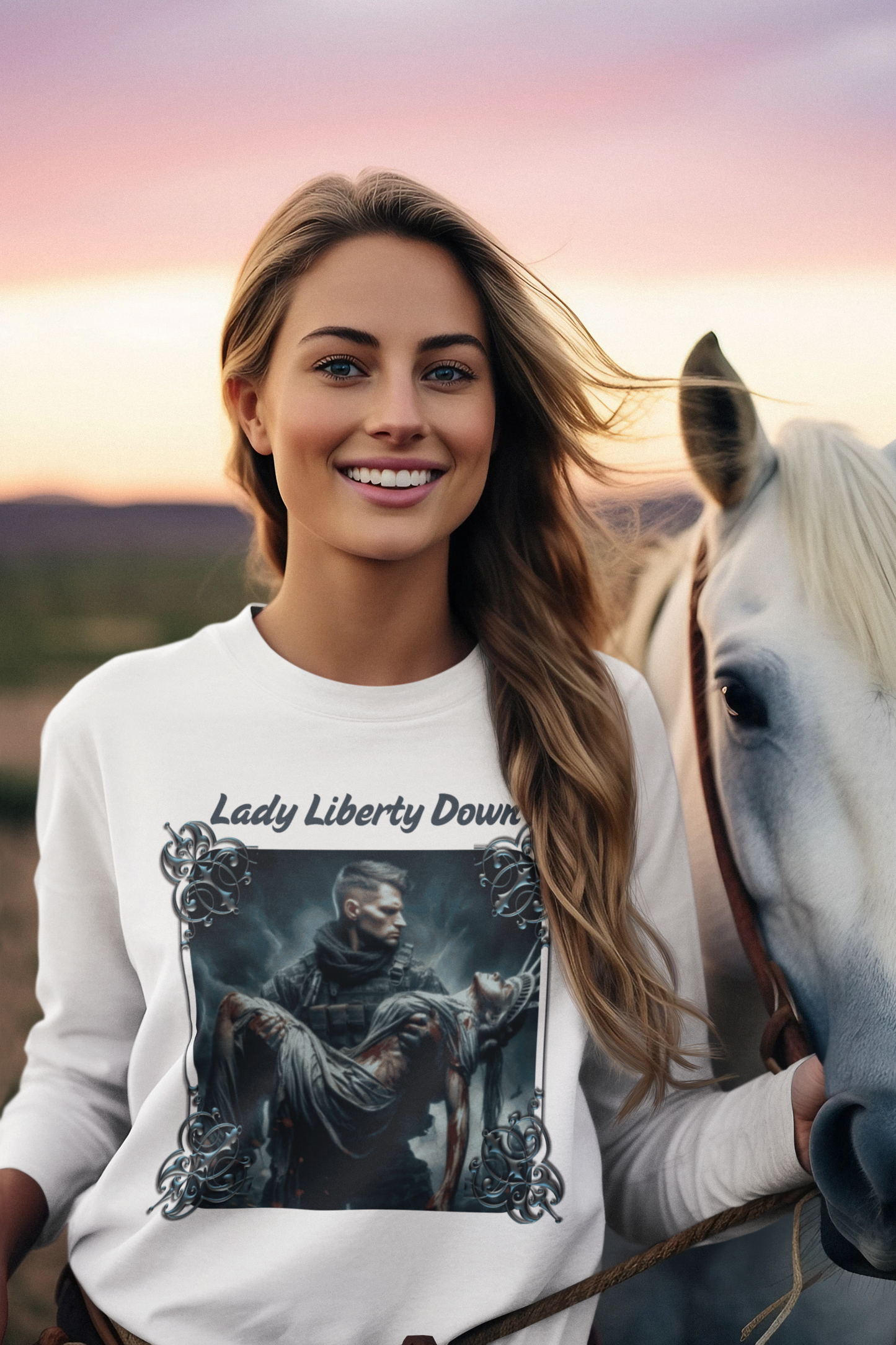 LADY LIBERTY DOWN Heavy Weight Patriotic Military Long Sleeve T-Shirt (S-2XL): Women's Gildan 2400 - FREE SHIPPING