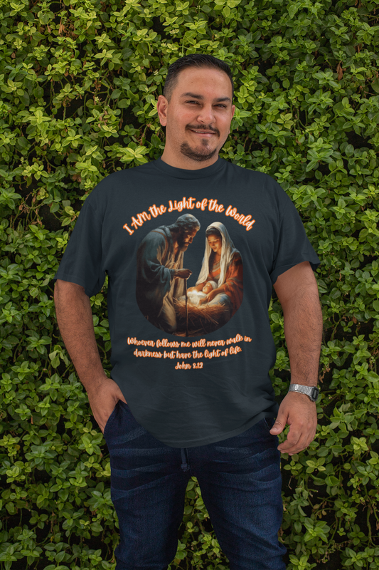 LIGHT OF THE WORLD Plus Size Heavy Weight Christmas T-Shirt (S-5XL): Men's Hanes Beefy-T® - FREE SHIPPING