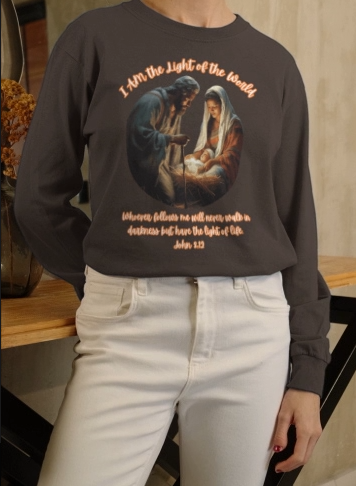 LIGHT OF THE WORLD Heavy Weight Christmas Long Sleeve T-Shirt (S-2XL): Women's Gildan 2400 - FREE SHIPPING