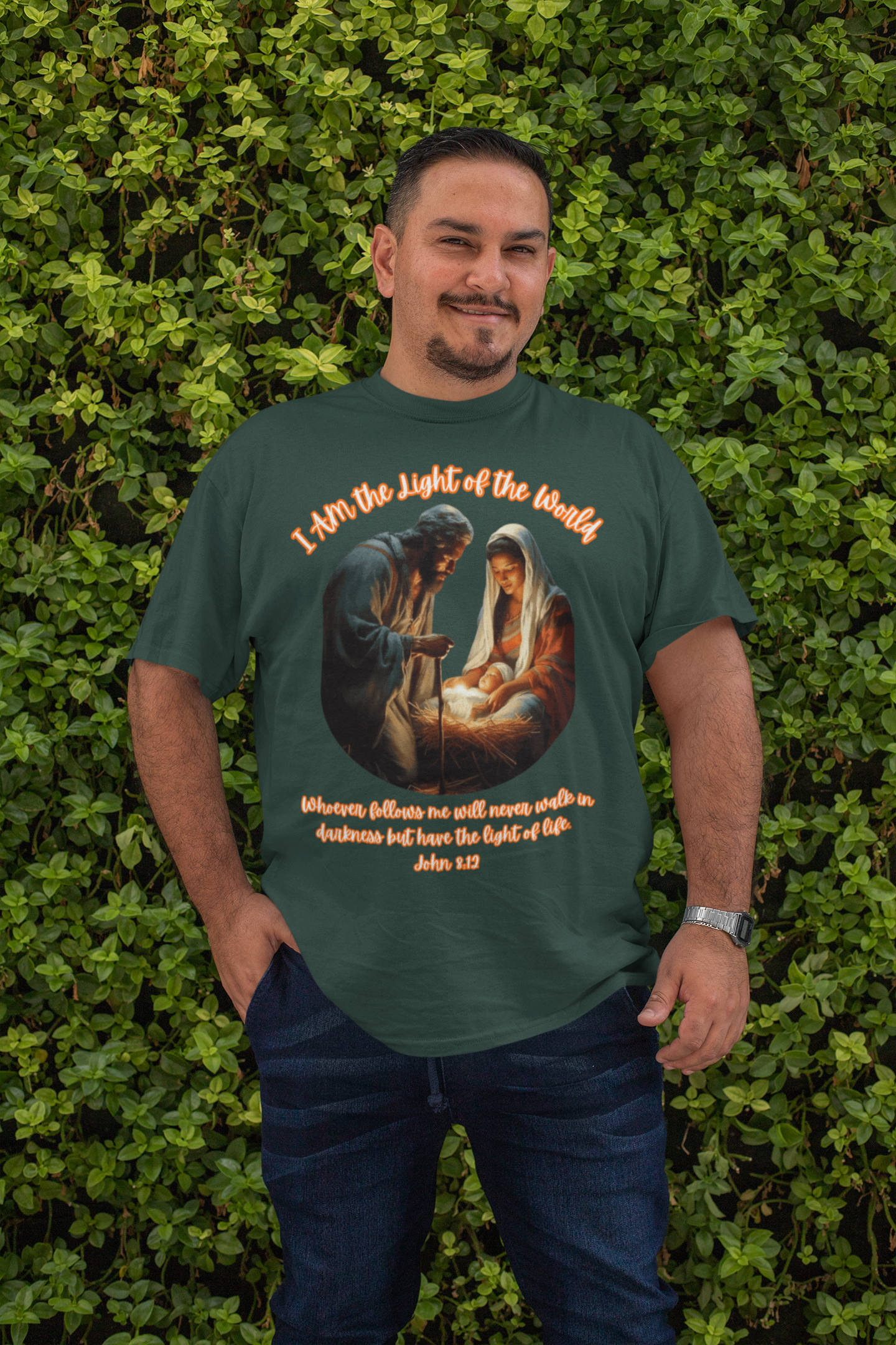 LIGHT OF THE WORLD Plus Size Heavy Weight Christmas T-Shirt (S-5XL): Men's Hanes Beefy-T® - FREE SHIPPING