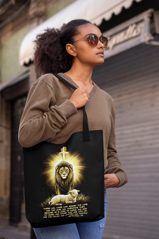 THE LION & THE LAMB Christian 100% Polyester Tote Bag (3 sizes) - FREE SHIPPING