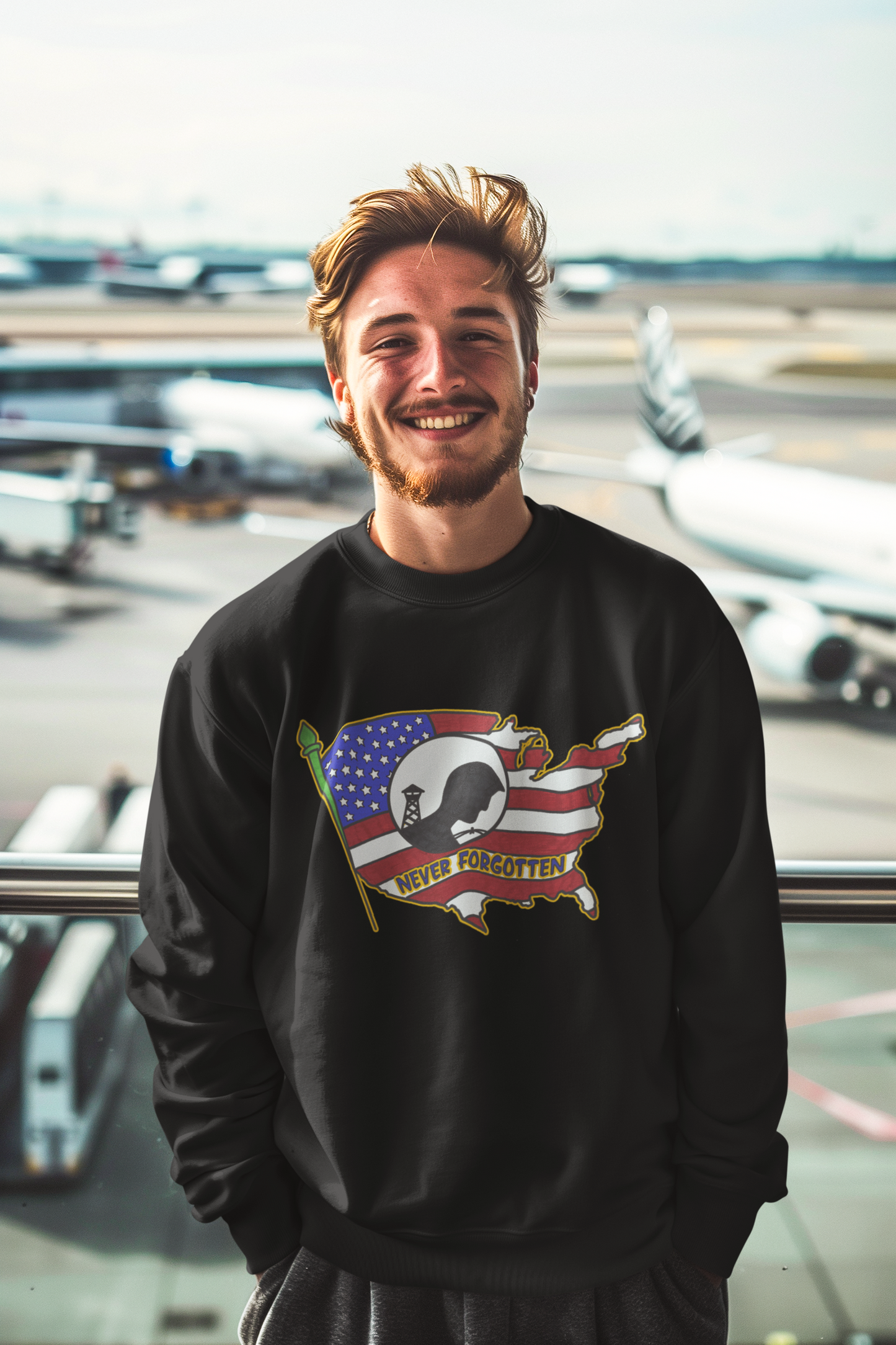 NEVER FORGOTTEN Heavy Weight Patriotic Military Sweatshirt (S-5XL): Men's Gildan 18000 - FREE SHIPPING