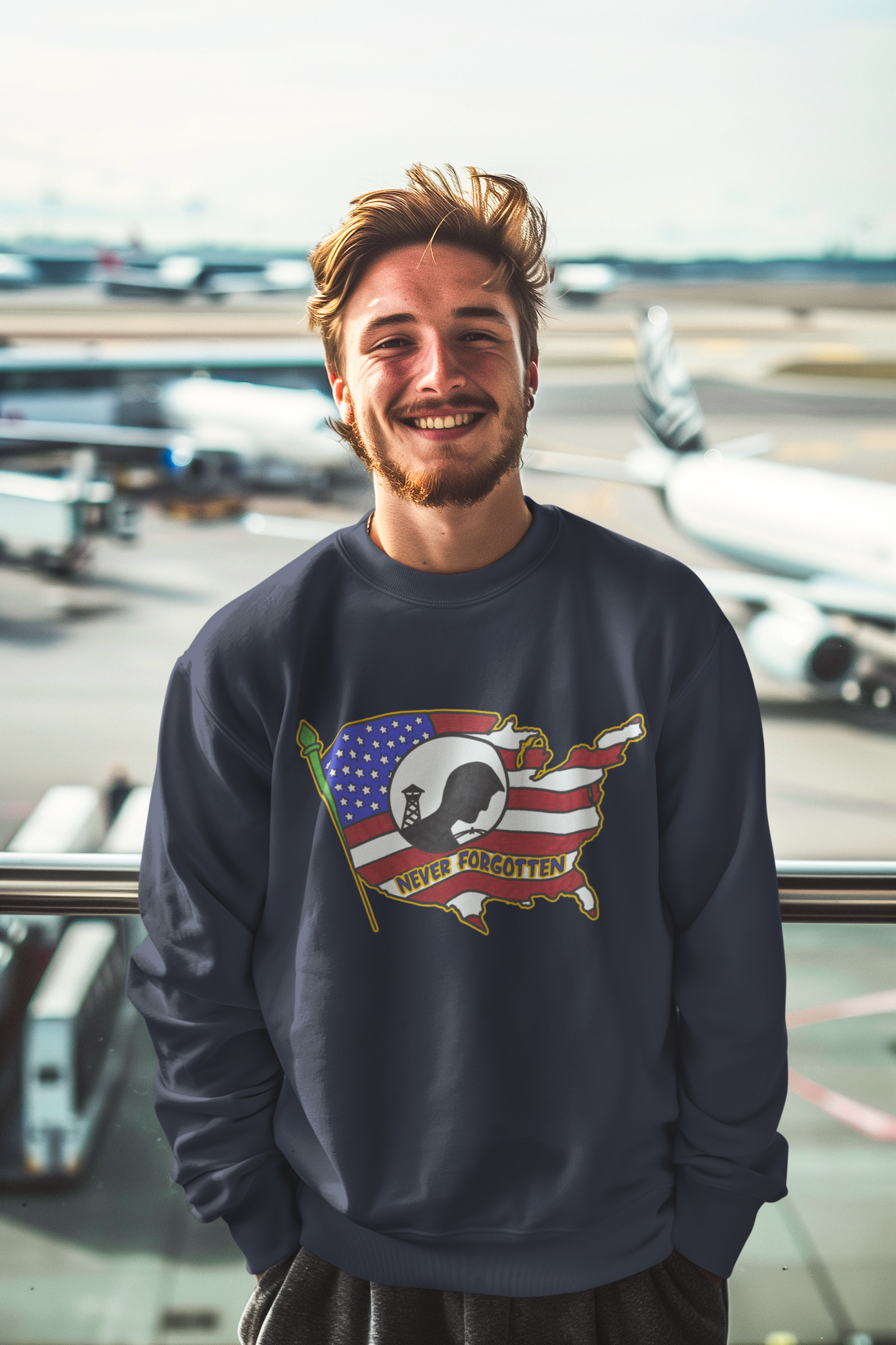 NEVER FORGOTTEN Heavy Weight Patriotic Military Sweatshirt (S-5XL): Men's Gildan 18000 - FREE SHIPPING
